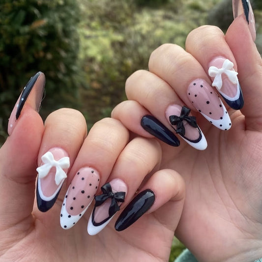 Chic Elegance Long Almond Black and White Glamorous Bow-Embellished Press On Nail Set