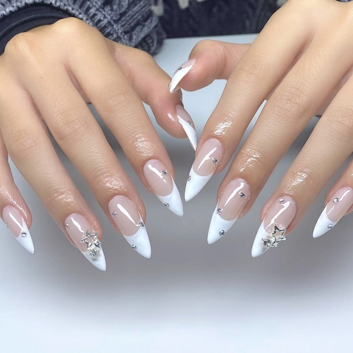 Celestial Elegance Long Almond White and Clear Press On Nail Set with Dazzling Star Accents