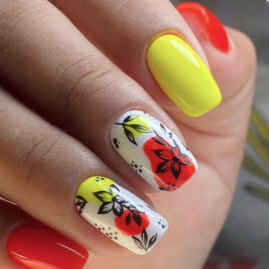 Bohemian Floral Medium Square Press on Nail Set in Vibrant Yellow Fiery Red and Charming Flower Design