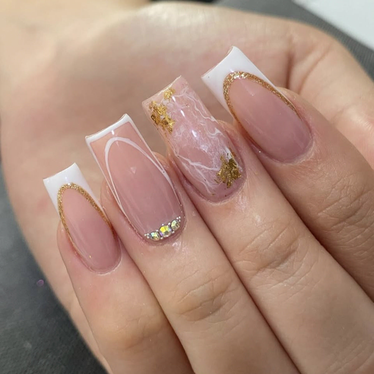 Glamorous Elegance Medium Square Pink with Gold Accents and Marble Art Design Press On Nail Set