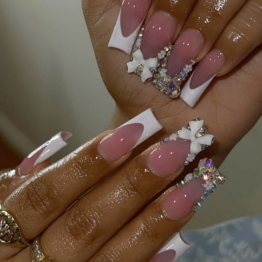 Elegant Romance Long Square Pink with White Art and Glamorous Gem Accents Press On Nail Set