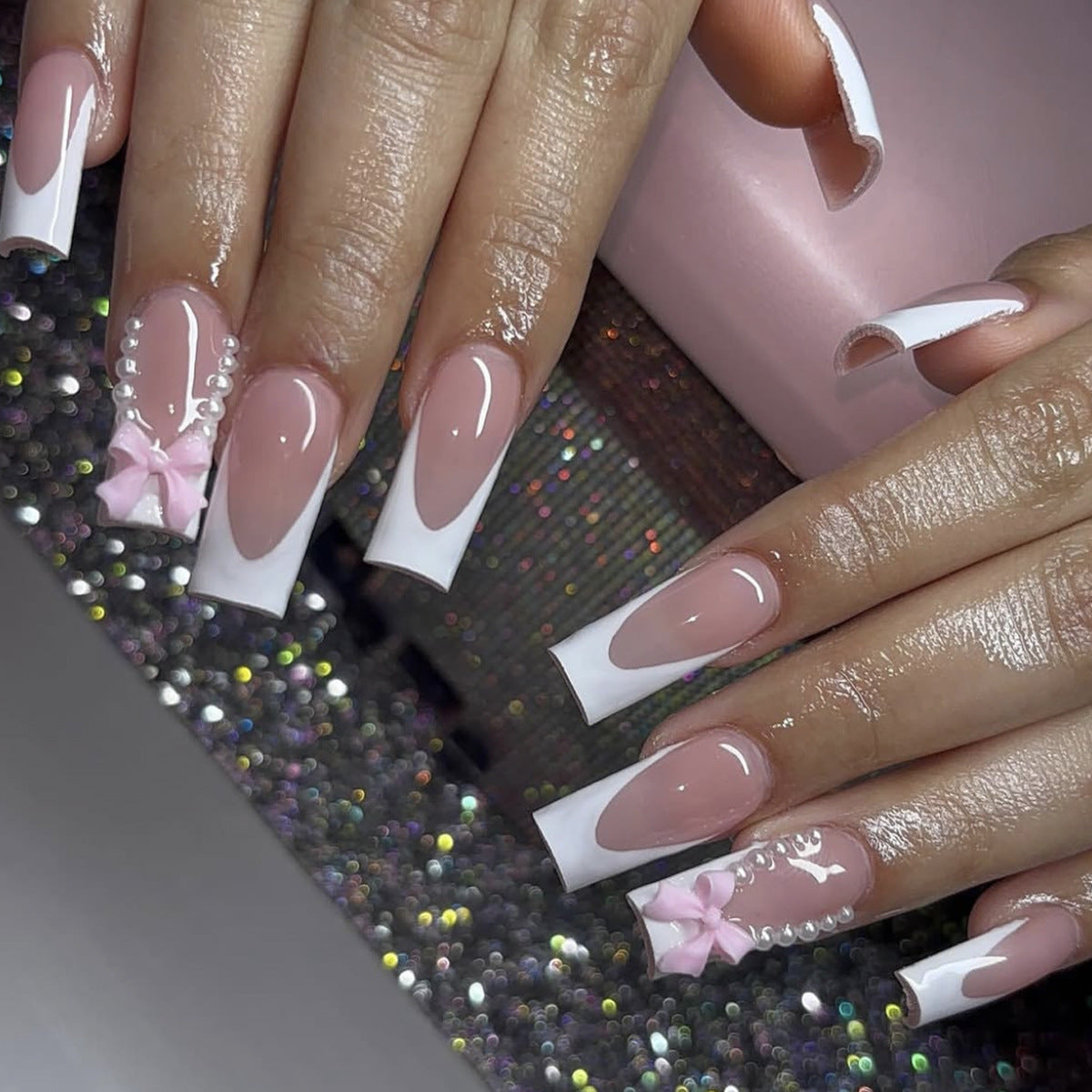 Charming Tea Party Long Square False Nails in Soft Pink with Elegant Bow and Pearl Accents
