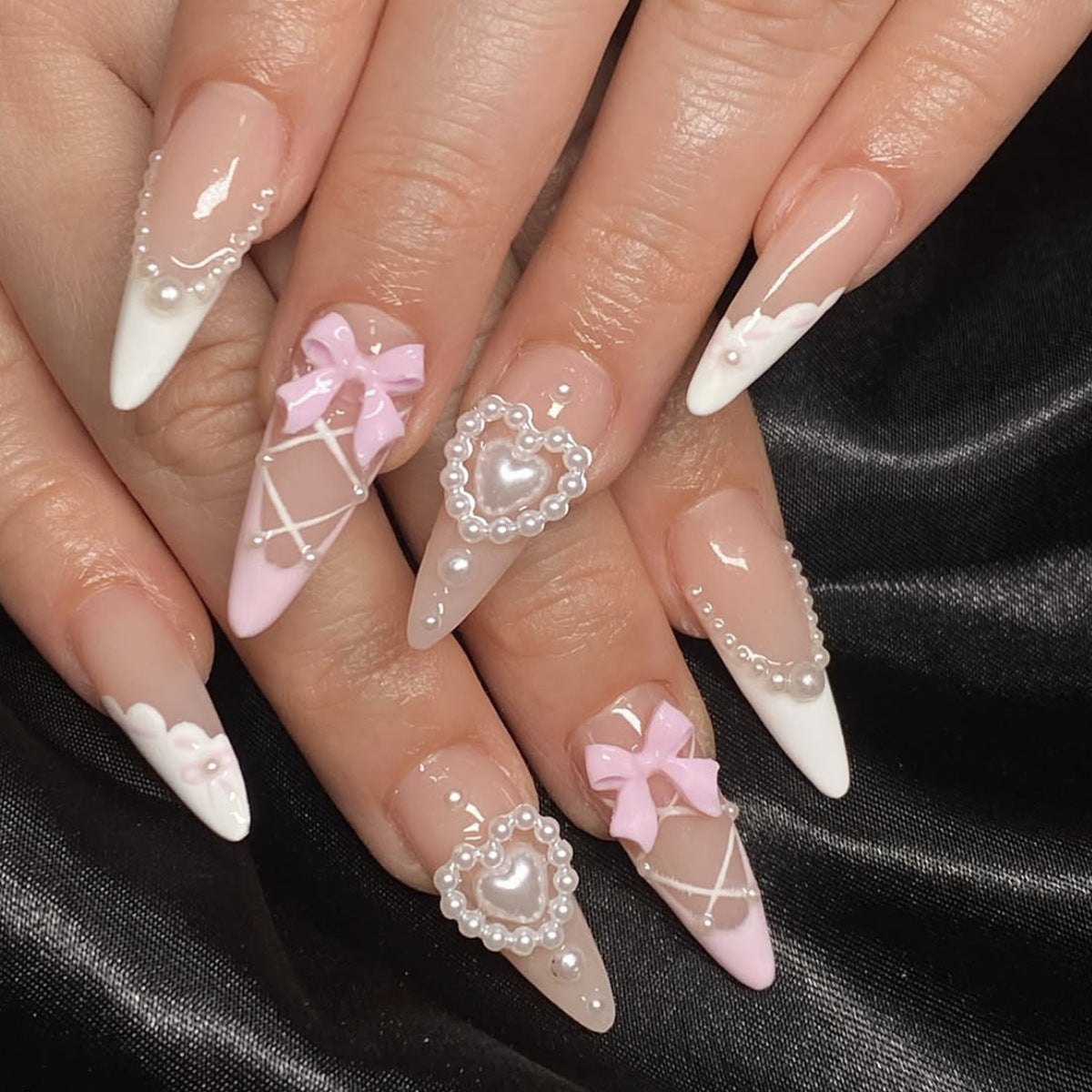 Romantic Dream Elegant Long Almond Pink and White Nails with Pearl and Bow Accents