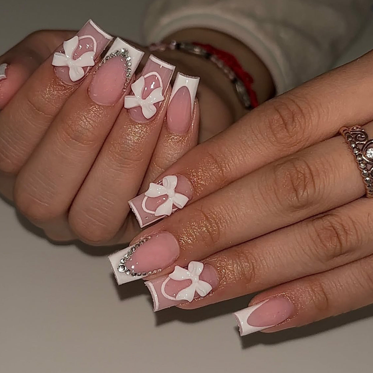 Whimsical Elegance Long Square Pink and White Gradient with Charming Bow Accents