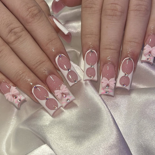 Dreamy Pastel Medium Square Pink with Bow Detail and Rhinestones Press On Nail Set