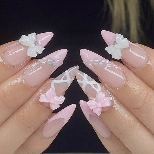 Elegant Blossom Dreamy Medium Almond Pink Press-On Nail Set with Charming Bow and Pearl Accents