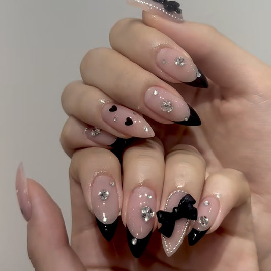 Chic Enchantment Medium Almond Beige with Black Tips and Charming Bow Accents Press-On Nail Set