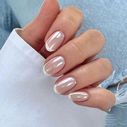 Elegant Blossom Natural Short Round Pink Press on Nail Set with Glossy French Tips