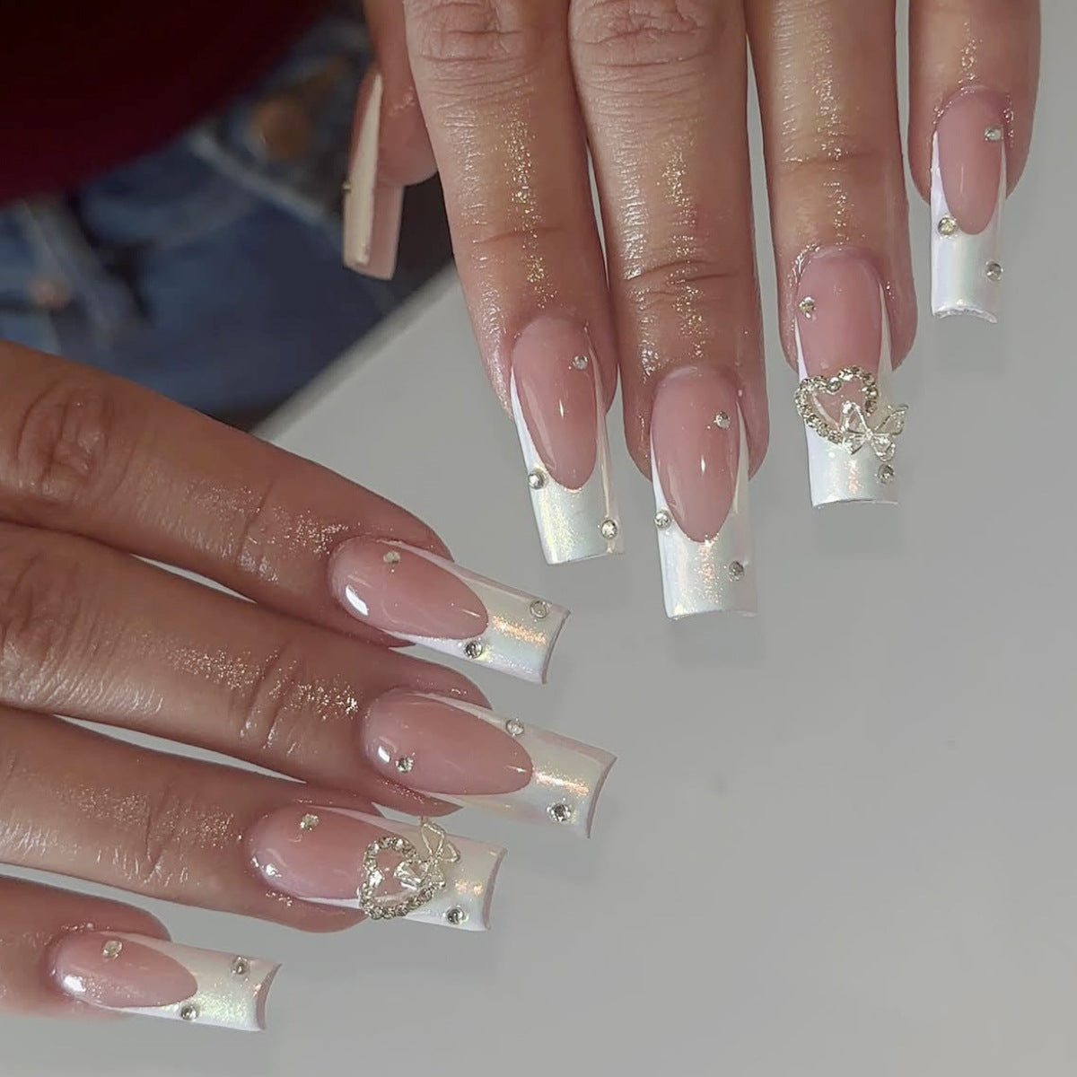 Glamorous Elegance Long Square Blush Pink and Shiny White Press-On Nail Set with Sparkling Rhinestones