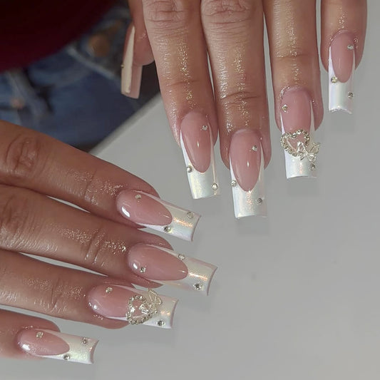 Glamorous Elegance Long Square Blush Pink and Shiny White Press-On Nail Set with Sparkling Rhinestones
