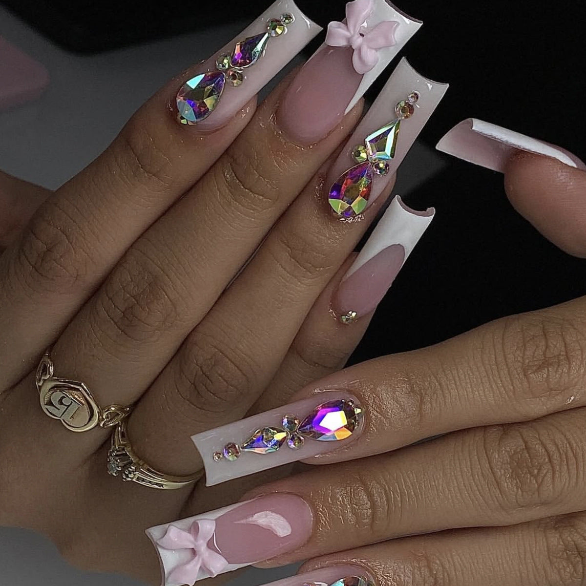 Dreamy Blossom Long Square Pink with Colorful Rhinestone Embellishments Press On Nail Set