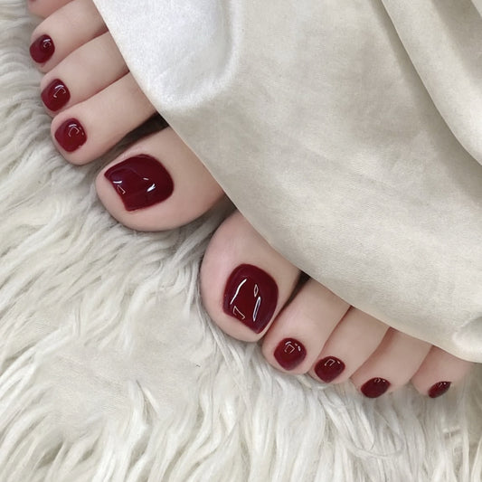 Elegant Autumn Red Short Square Press On Toenail Set with High Gloss Finish