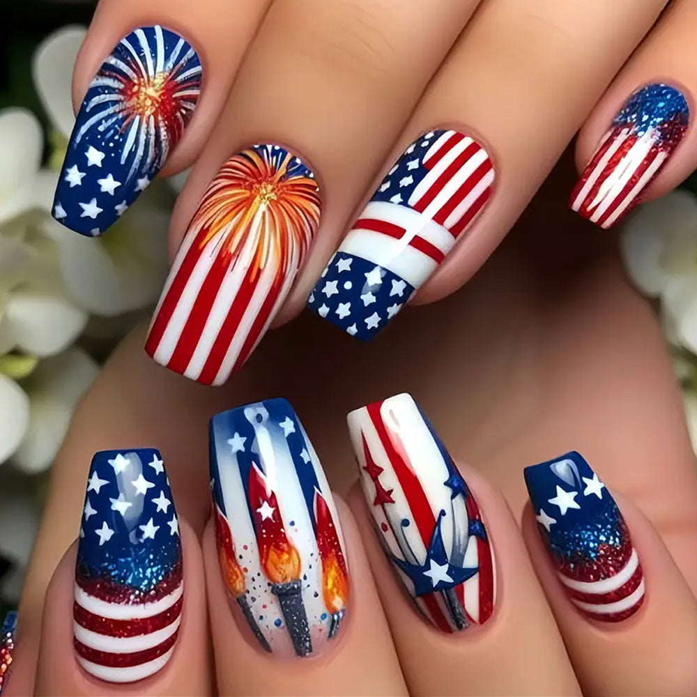Patriotic Celebration Long Square Red Blue and White Nail Set with Festive Fireworks Design