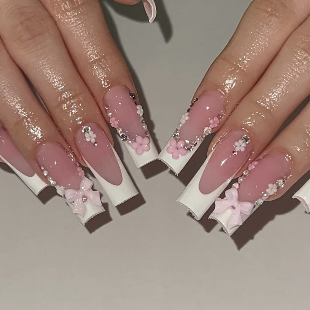 Whimsical Blossom Long Square Pink Press On Nail Set with Charming Floral Embellishments