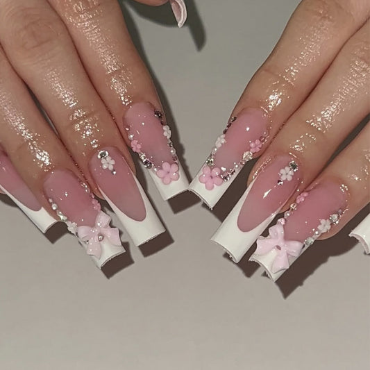 Whimsical Blossom Long Square Pink Press On Nail Set with Charming Floral Embellishments