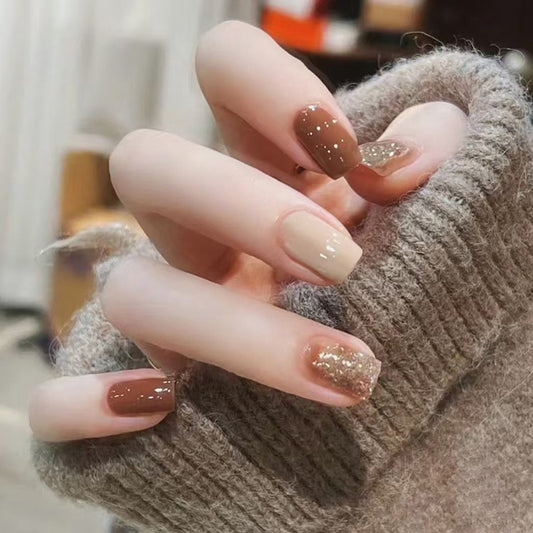 Autumn Elegance Press-On Nail Set Medium Square Brown and Beige with Glitter Accents