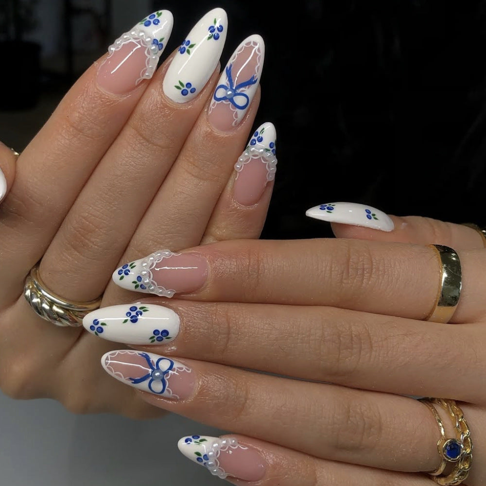 Whimsical Blossom Elegance Long Almond White with Blue Floral Accent Press-On Nail Set