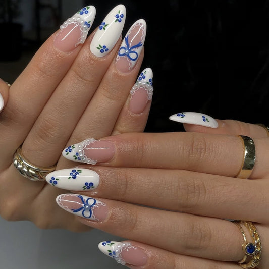 Whimsical Blossom Elegance Long Almond White with Blue Floral Accent Press-On Nail Set