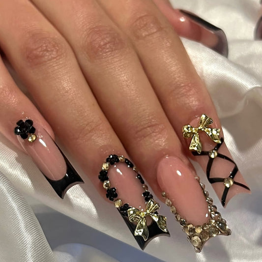 Elegant Charm Long Square Black and Gold Detailed Press on Nail Set