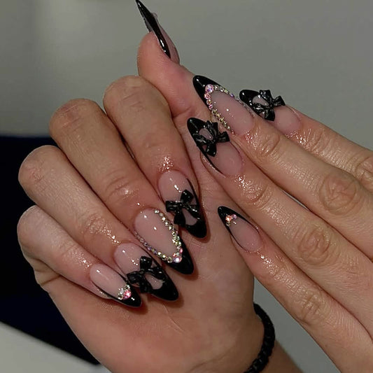Glamorous Noir Long Almond Press On Nails Long Pointed Black with Chic Bow and Sparkling Accents
