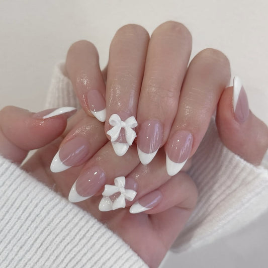 Chic Elegance Medium Almond Clear with White French Tips and Charming Bow Accents Press-On Nail Set