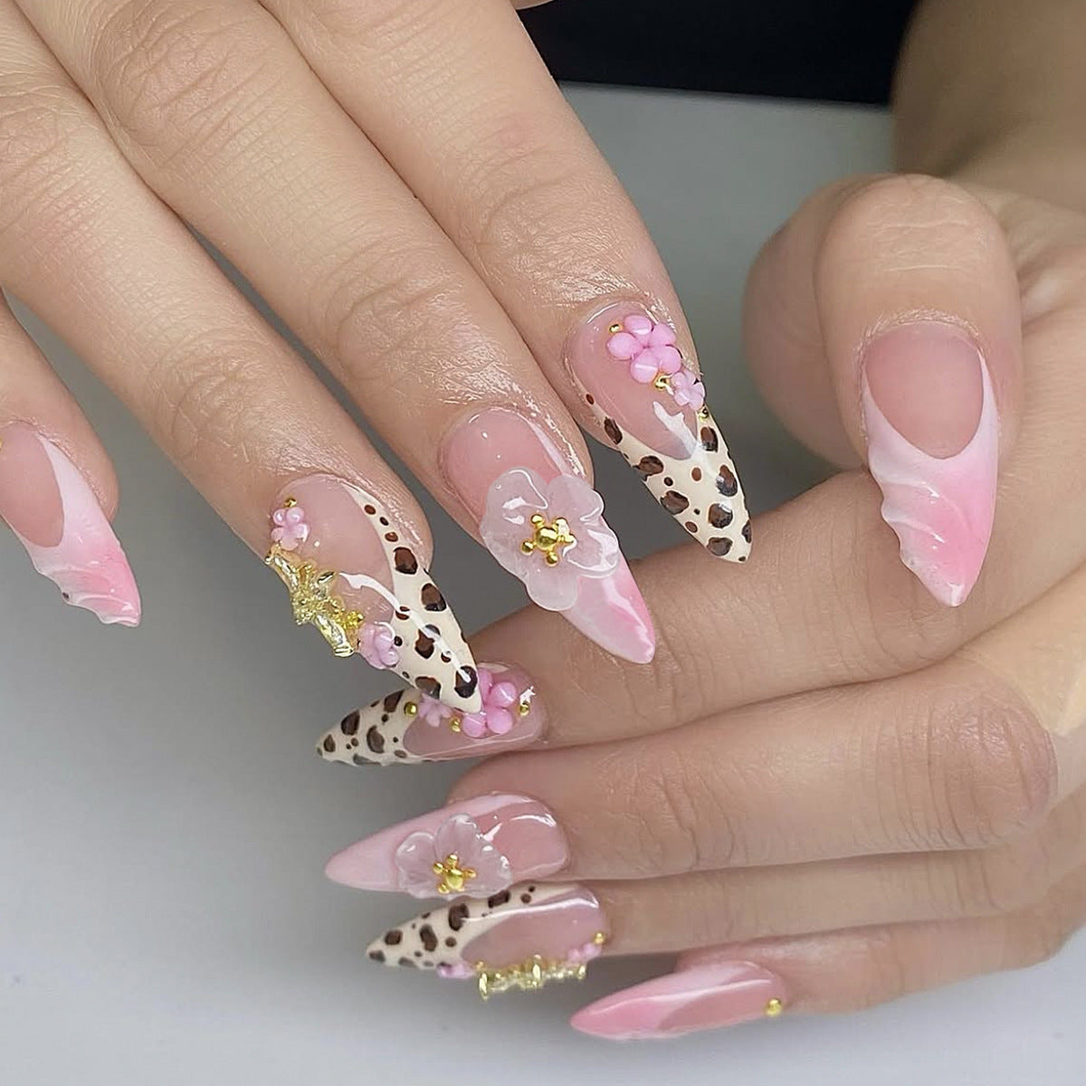 Chic Floral Fantasy Medium Almond Pink and Cream Leopard Print with Decorative Floral Accents Press on Nail Set