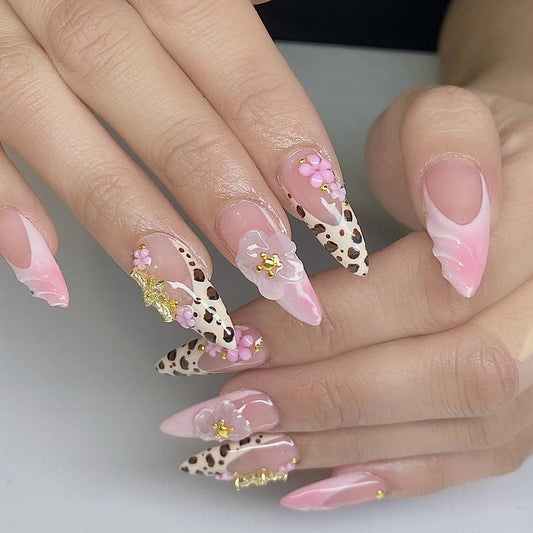 Chic Floral Fantasy Medium Almond Pink and Cream Leopard Print with Decorative Floral Accents Press on Nail Set