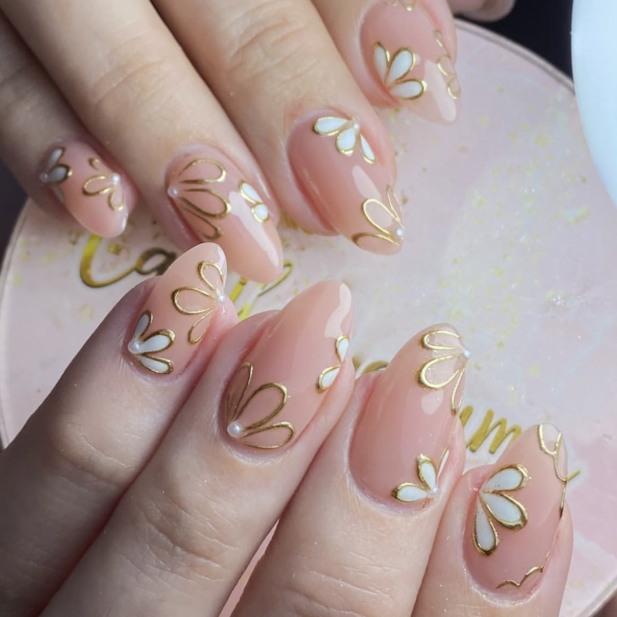 Bohemian Elegance Medium Almond Beige with Gold Floral Design Press On Nail Set