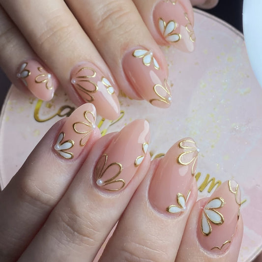 Bohemian Elegance Medium Almond Beige with Gold Floral Design Press On Nail Set
