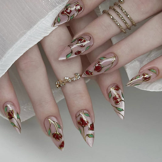 Floral Fantasy Medium Stiletto Beige Pink Press On Nail Set with Elegant Hand-Painted Rose Design