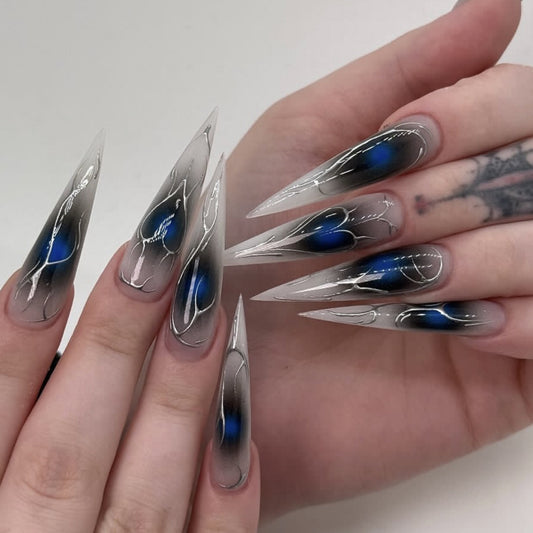 Mystical Elegance Long Stiletto Silver and Black Gradient with Blue Accents Nail Set