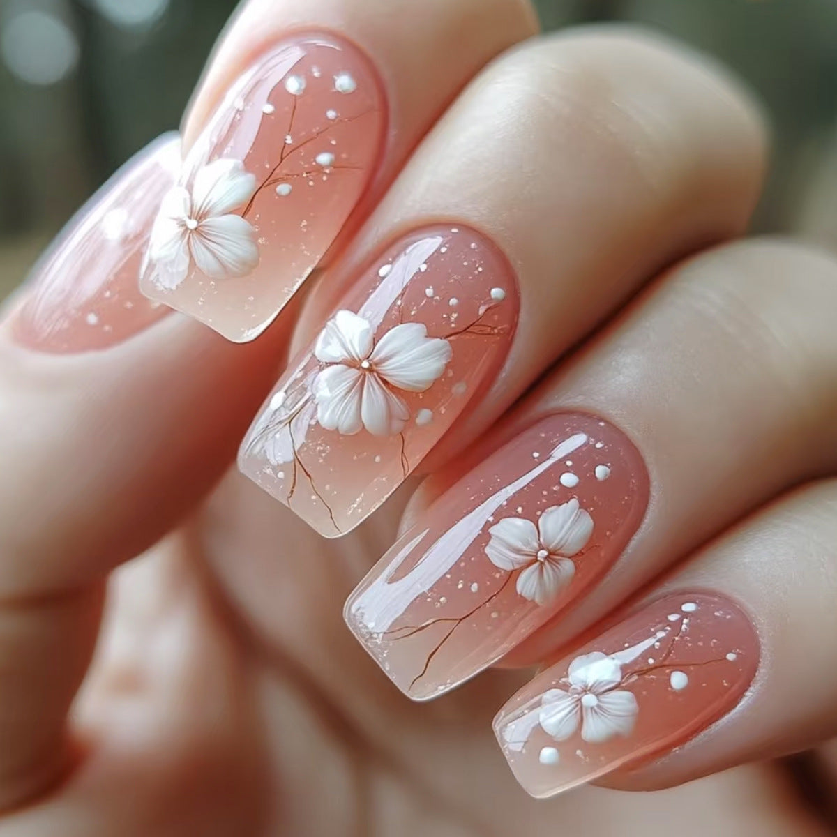 Blossom Serenity Elegant Medium Square Pink Ombre Press On Nail Set with Floral Design