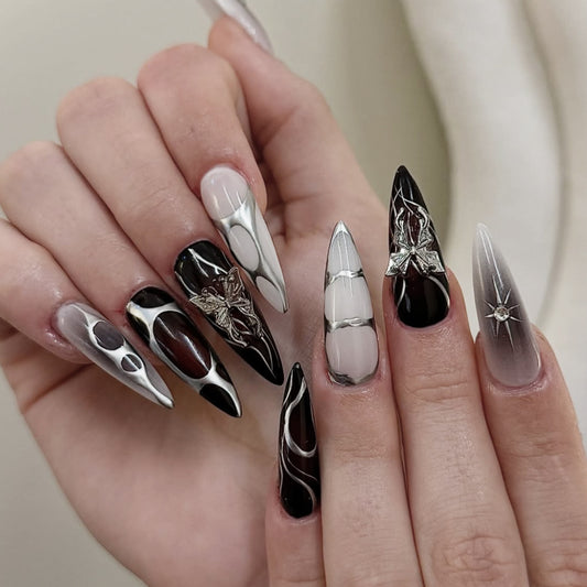 Gothic Elegance Extra Long Stiletto Black and White Nail Set with Stunning Metallic Accents