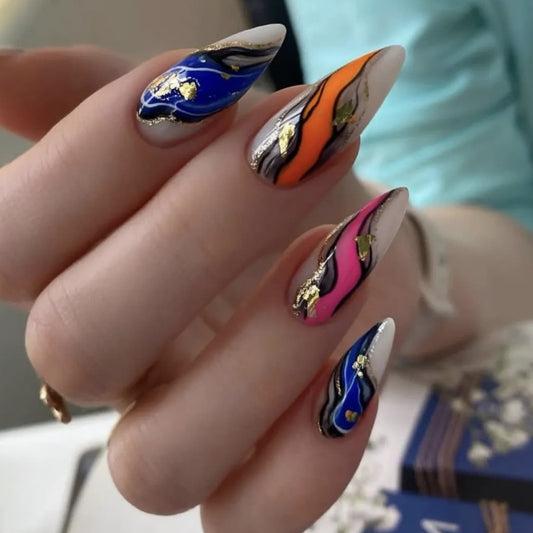 Artistic Elegance Long Almond Multicolor Nail Set with Glamorous Metallic Accents