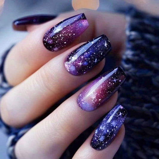 Galactic Dreams Medium Coffin-shaped Ombre Purple and Blue Press on Nail Set with Starry Glitter Finish