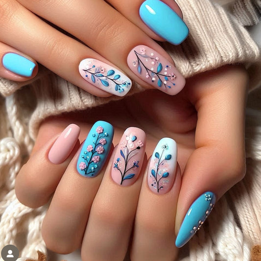 Floral Fantasy Medium Squoval Blue and Pink Press-On Nail Set Featuring Elegant Botanical Designs
