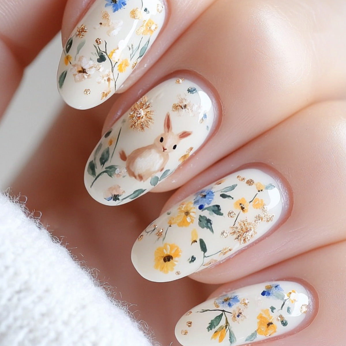 Whimsical Garden Inspired Medium Oval Beige Floral Press On Nail Set with Adorable Bunny Illustration