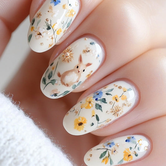 Whimsical Garden Inspired Medium Oval Beige Floral Press On Nail Set with Adorable Bunny Illustration