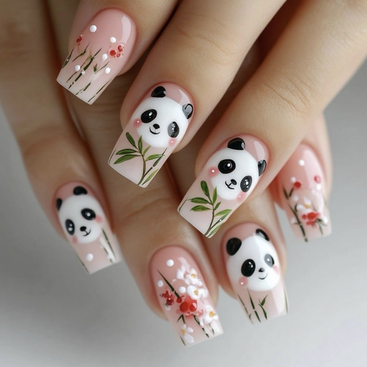 Panda Paradise Medium Square Blush Pink with Cute Panda and Floral Design Press On Nail Set