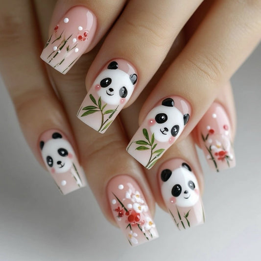 Panda Paradise Medium Square Blush Pink with Cute Panda and Floral Design Press On Nail Set
