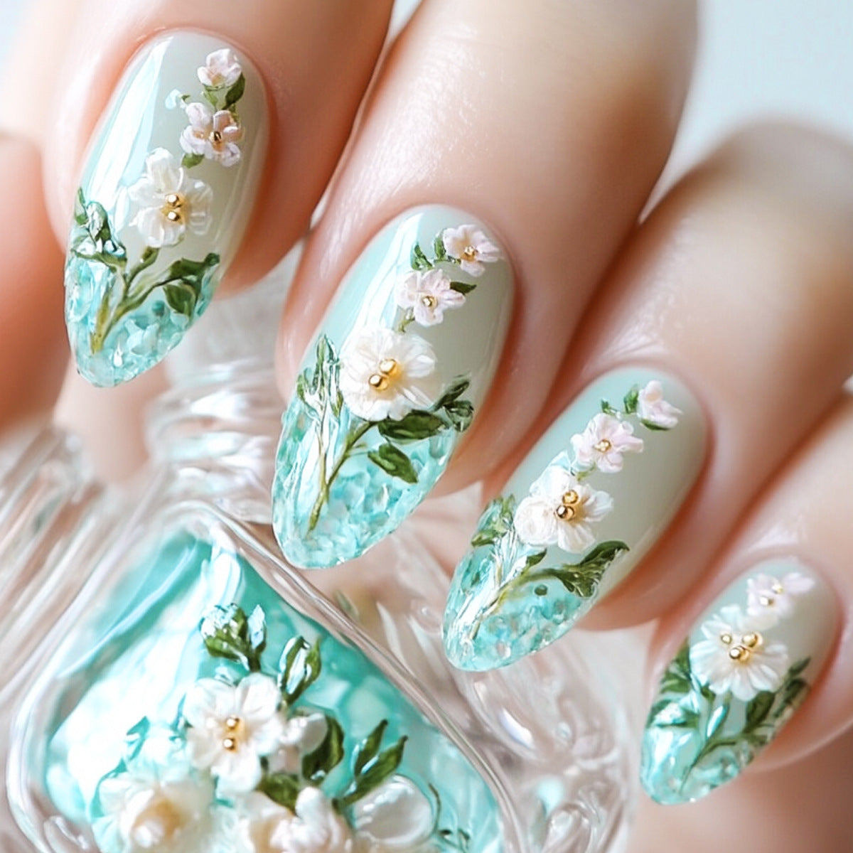 Whimsical Garden Medium Almond Mint Green Floral Press on Nail Set with Glittering accents