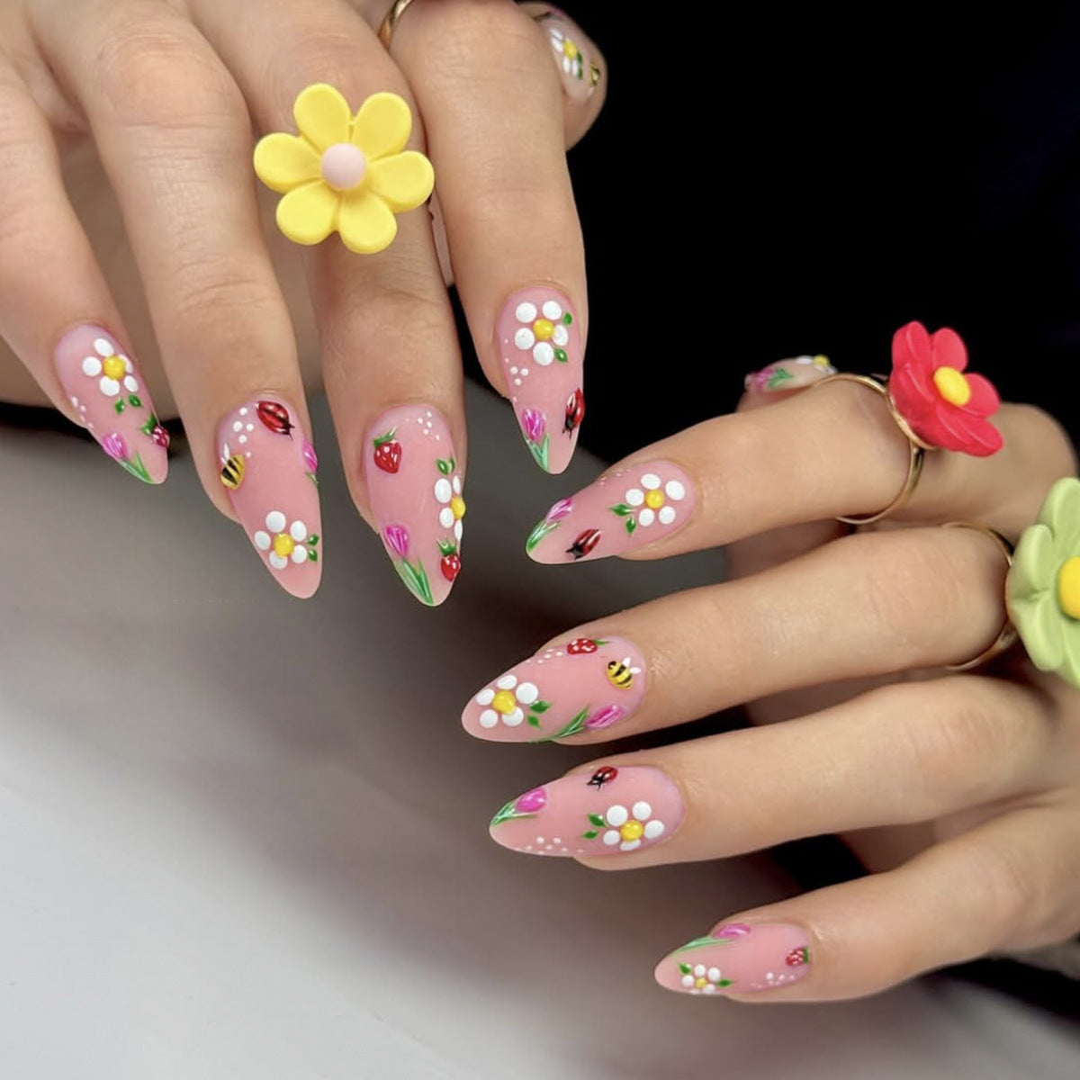 Blooming Elegance Medium Almond Pink Floral Press-On Nail Set with Charming Hand-Painted Designs