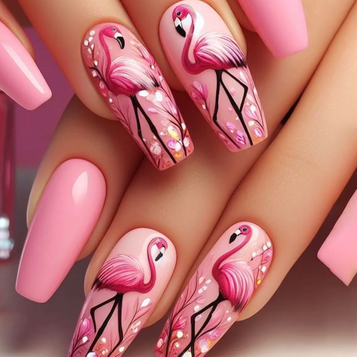 Tropical Paradise Medium Coffin Pink Press on Nail Set with Stunning Flamingo Art