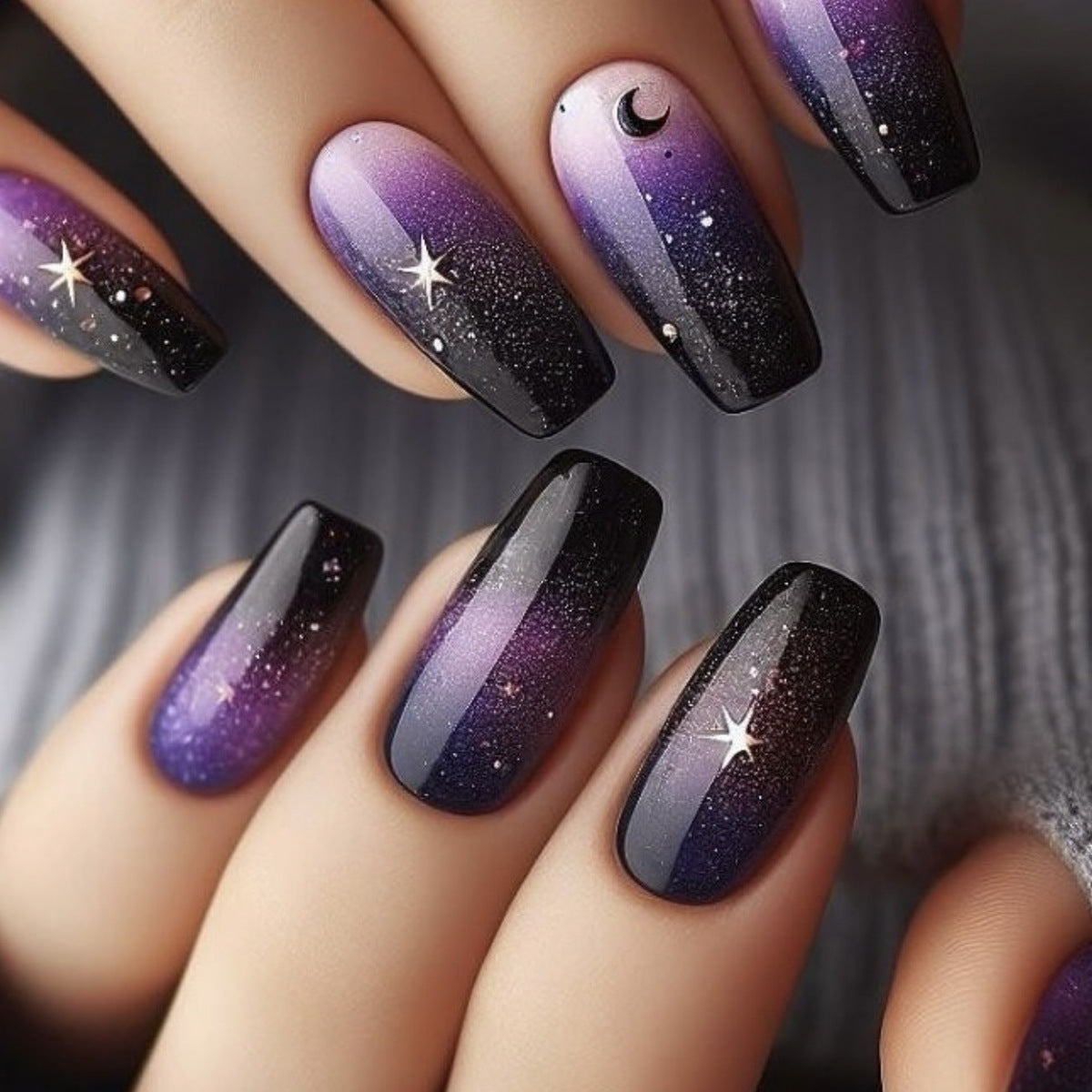 Celestial Dream Glossy Medium Square Purple Ombre with Star and Moon Accents Press-On Nail Set