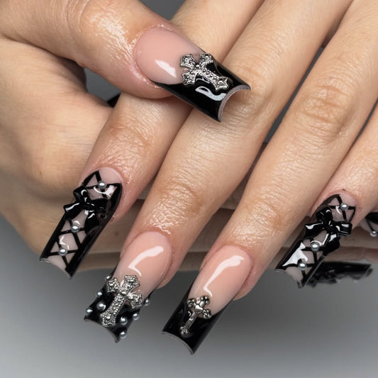 Gothic Elegance Long Coffin Black and Beige Press on Nail Set with Intricate Cross and Pearl Accents
