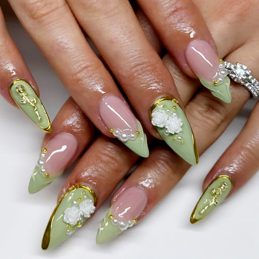 Elegant Floral Fantasy Long Almond Mint Green and Pink Press On Nail Set with Gold Accents and Three Dimensional Flower Designs