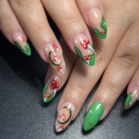 Enchanted Forest Medium Almond Green and Beige Nail Set with Whimsical Mushroom Artwork