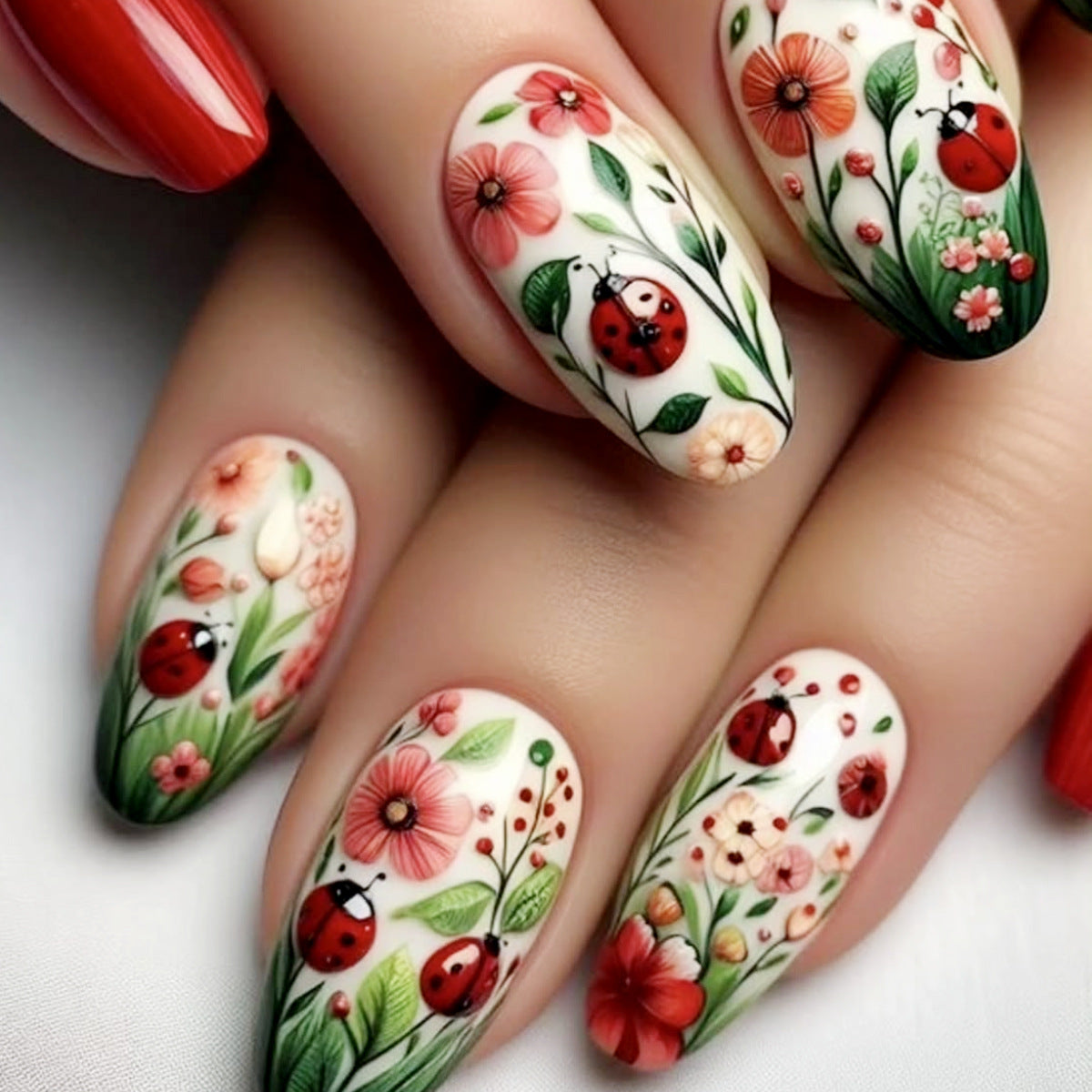 Whimsical Garden Medium Almond Red and White Floral Ladybug Press-On Nail Set