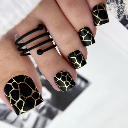 Safari Chic Short Square Black and Gold Giraffe Print Press On Toenail Set for a Wildly Trendy Look