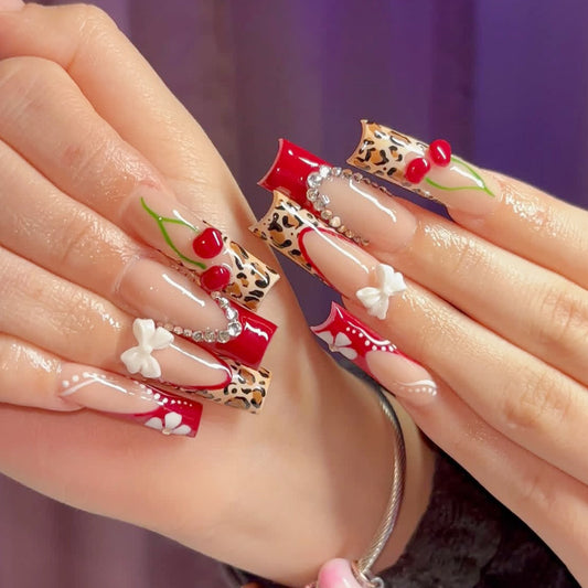 Glamorous Cherry Blossom Long Square Press On Nail Set in Red and Leopard Print with Floral Accents and Rhinestone Details